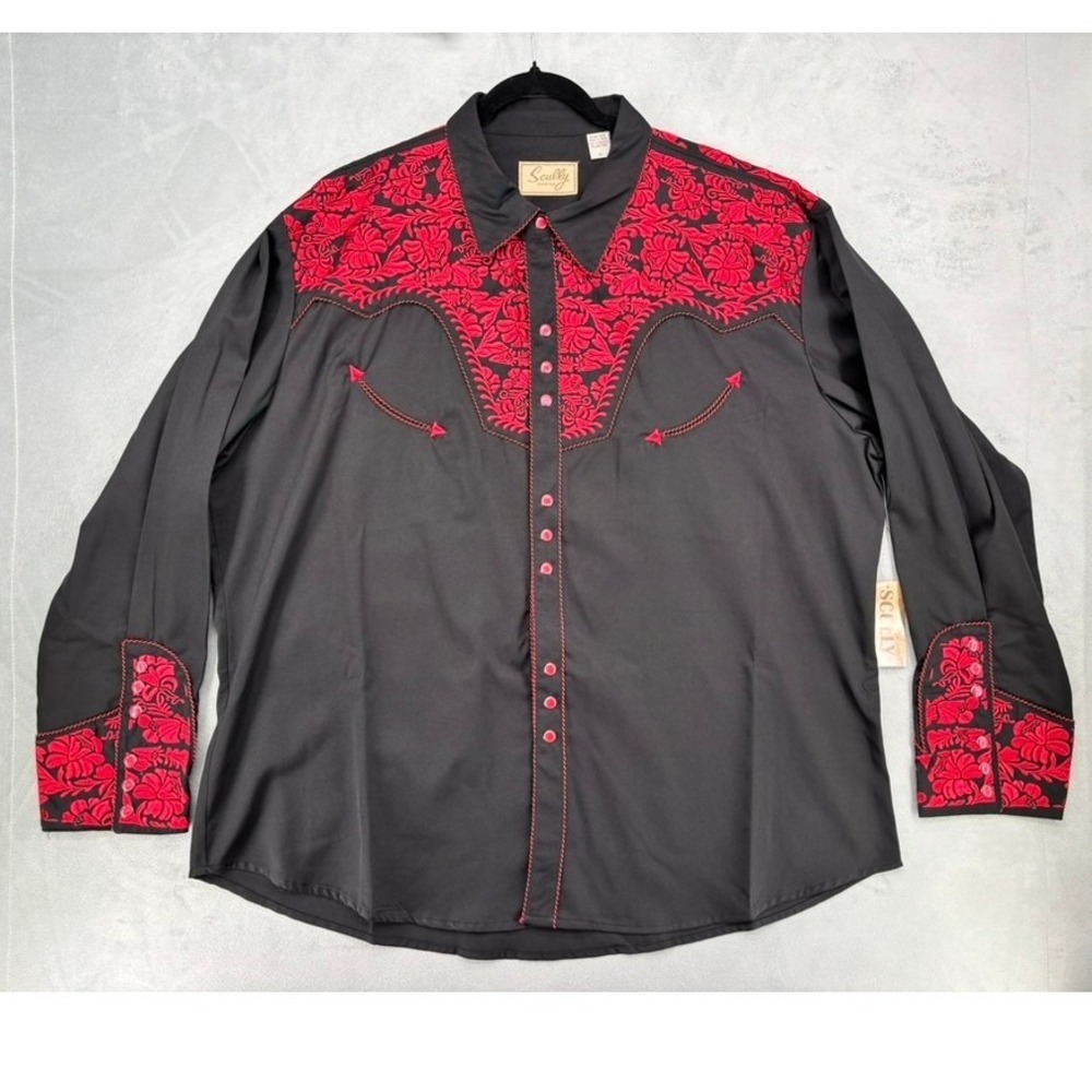 Scully Mens Floral Tooled Embroidered Western Snap Shirt Black Red P-634X 3X